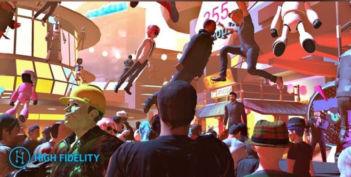 Avatars in High Fidelity's social VR platform — a crowded virtual plaza of scanned digital humans